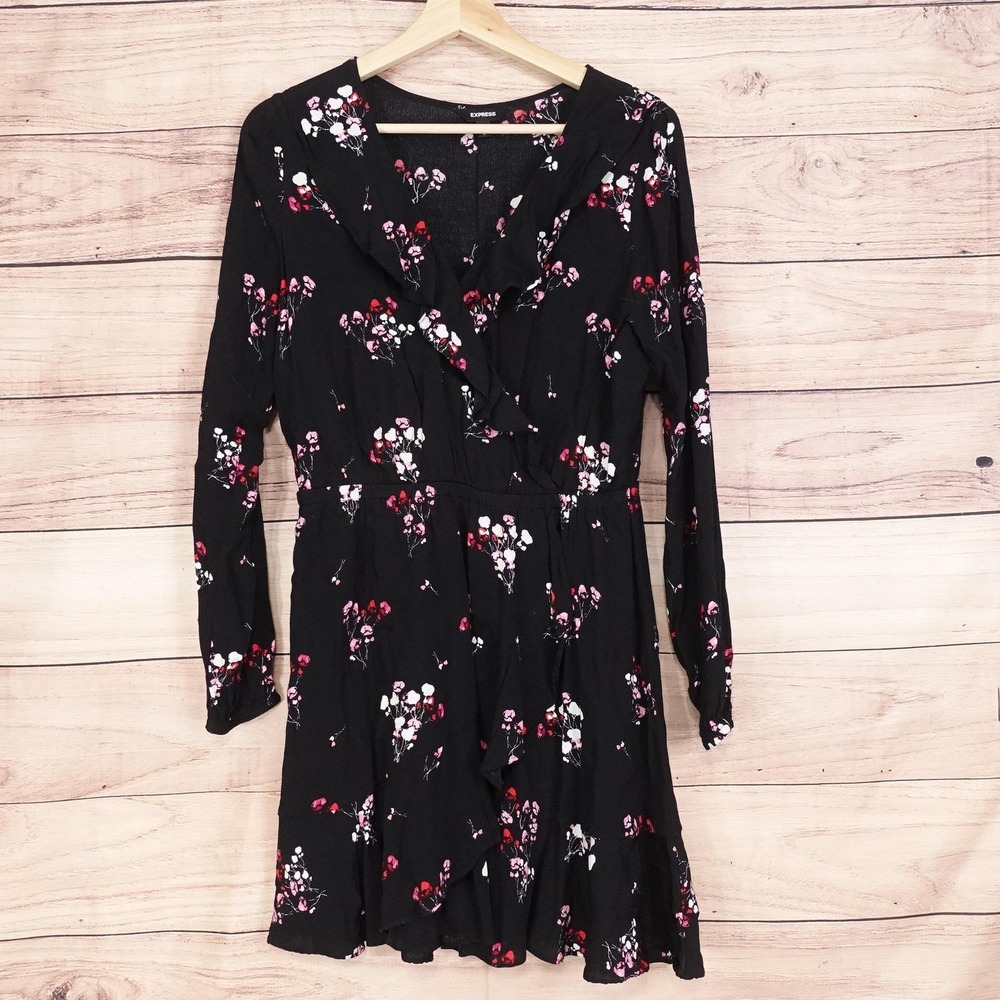 Express Dress Womens M Black Floral Fit & Flare Long Sleeve Ruffle‎ V Neck Mini